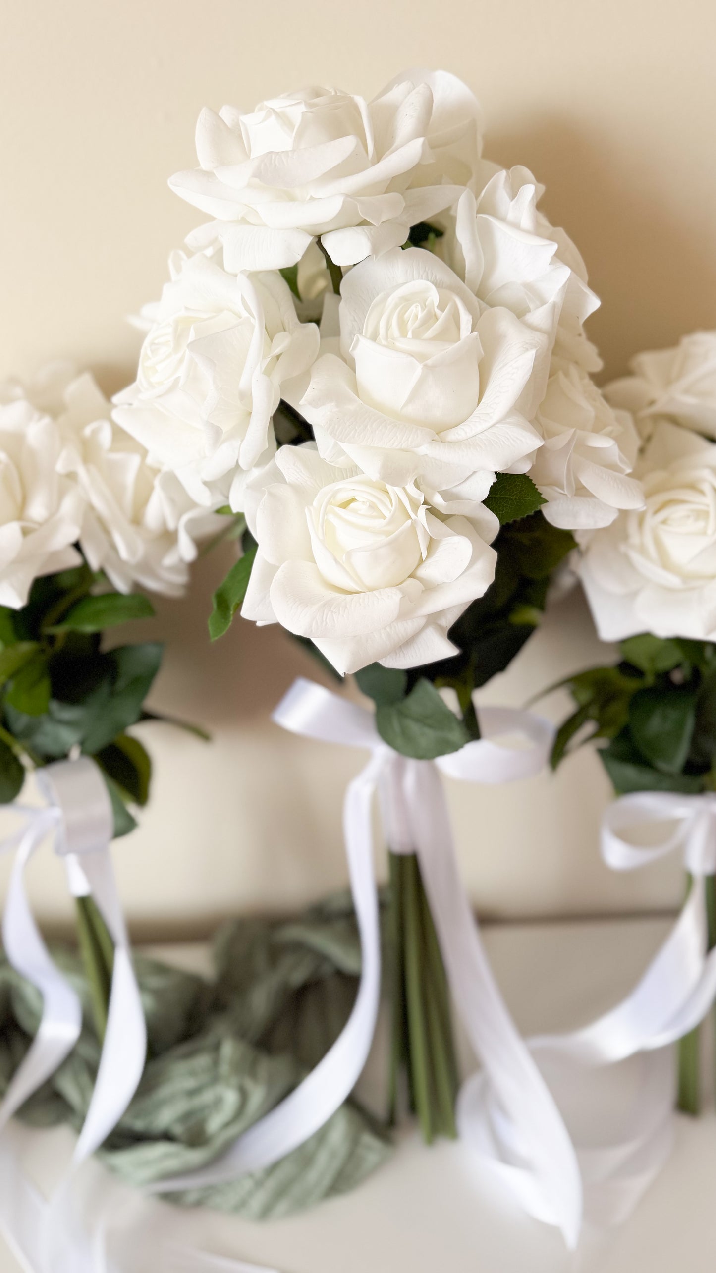 White Silk Rose Bridal Bouquet, Classic Modern Real-Touch Reflex Roses