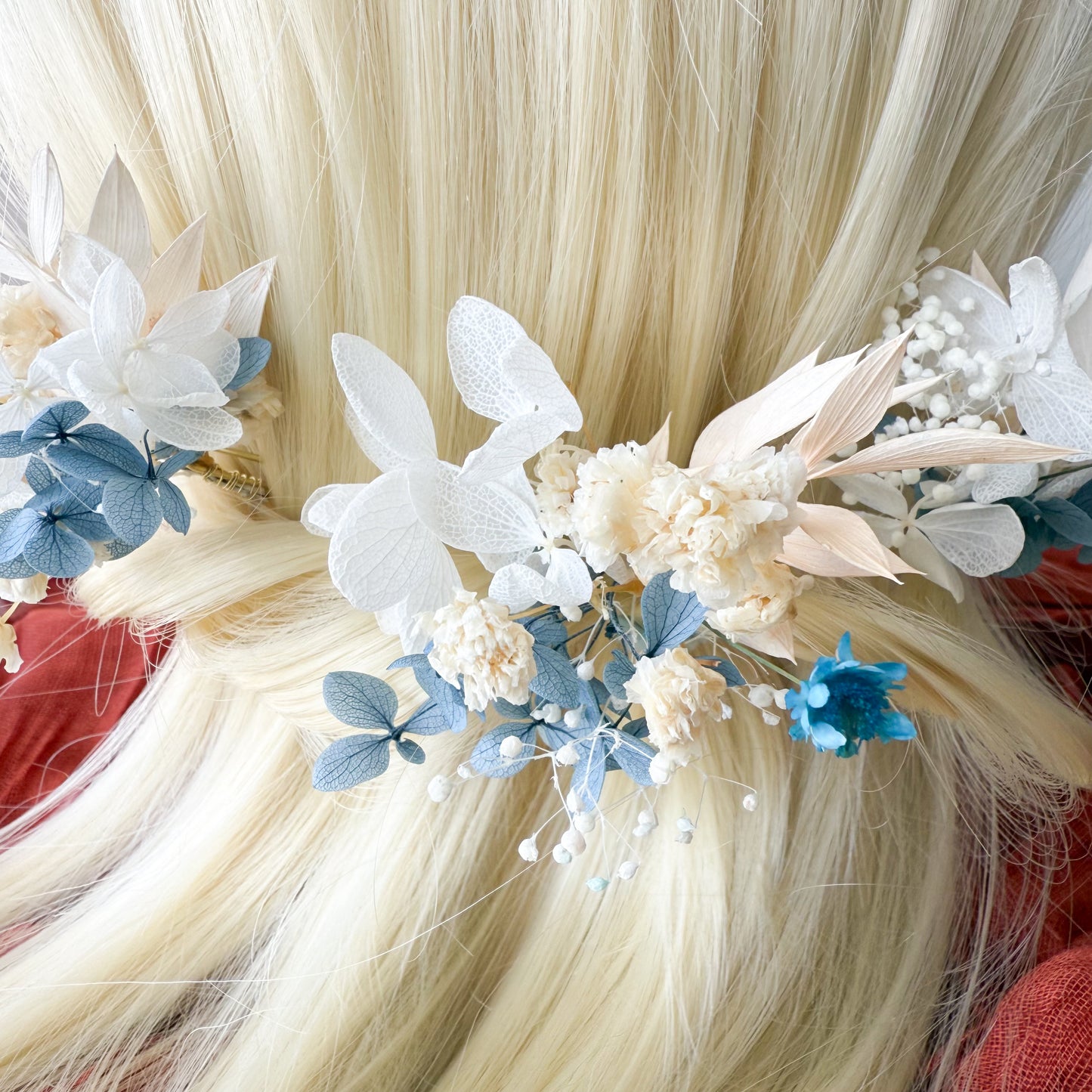Elegant blue flower hair pins for wedding updo or bridesmaid look