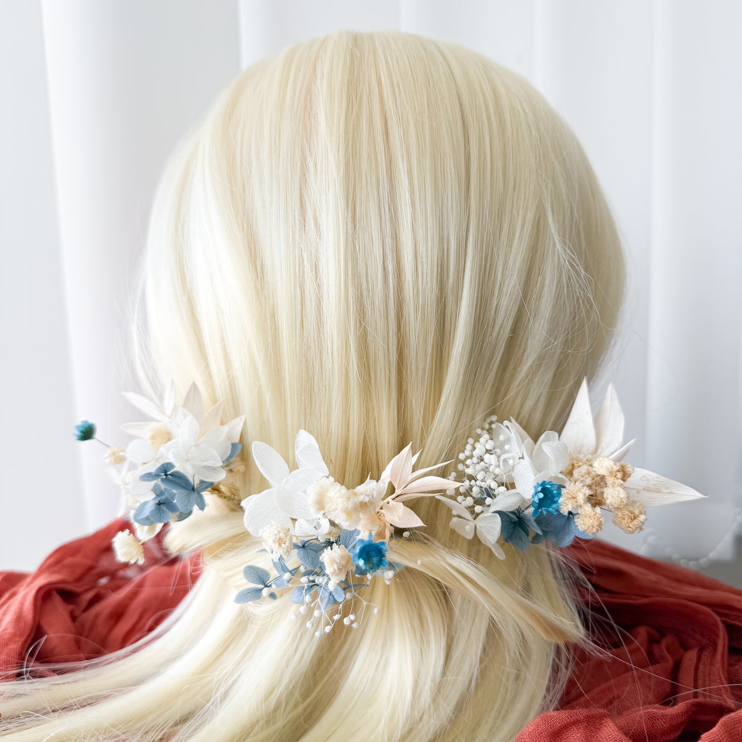Elegant blue flower hair pins for wedding updo or bridesmaid look
