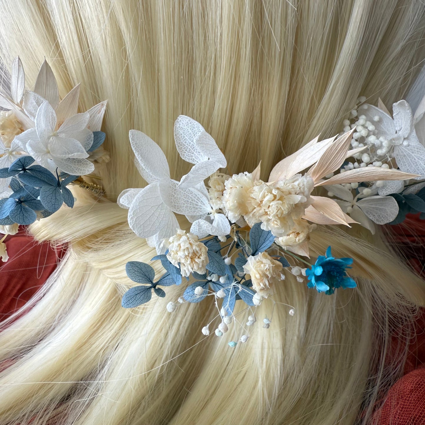 Elegant blue flower hair pins for wedding updo or bridesmaid look