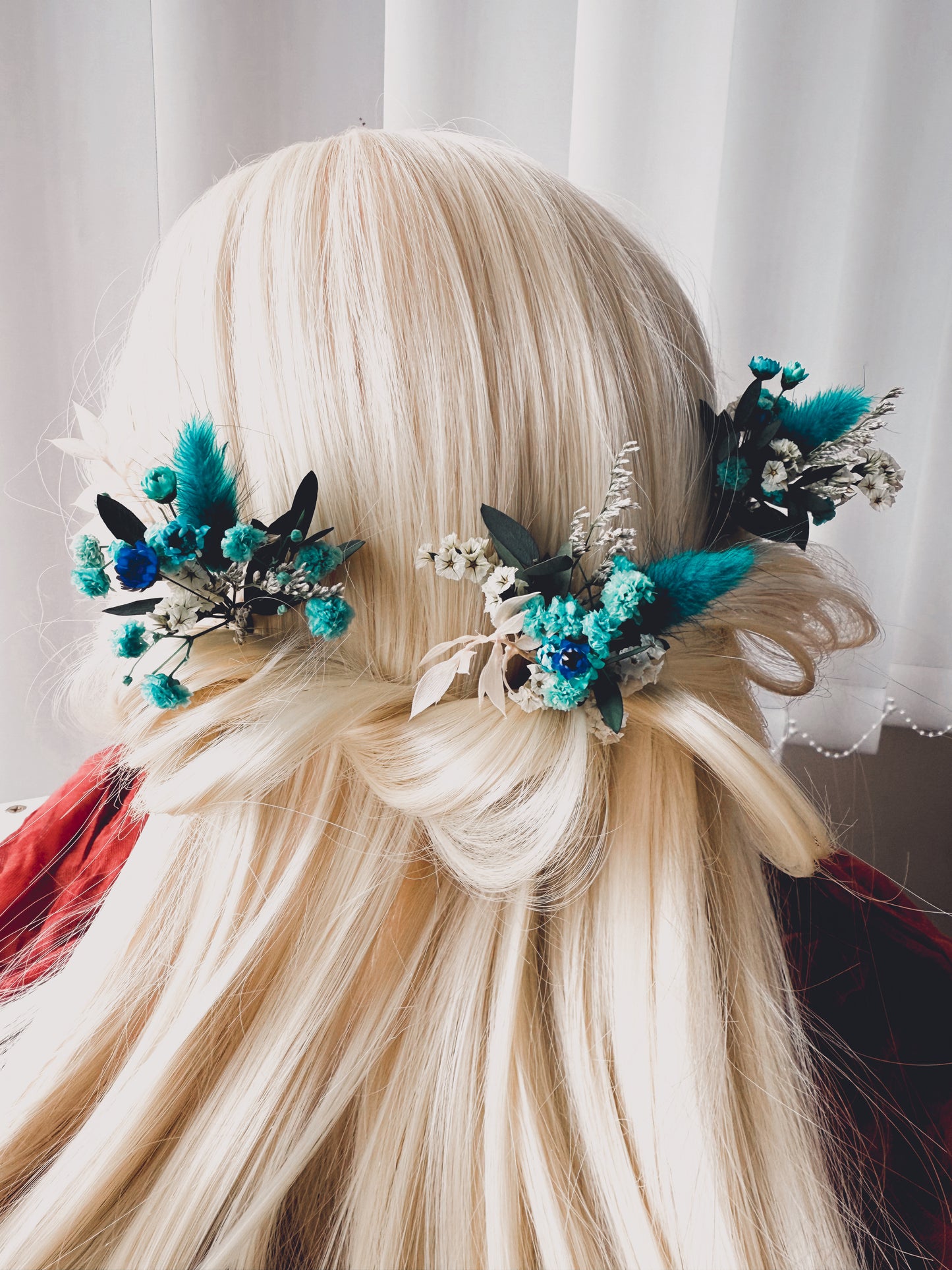 Dried Flower Hair Pins β Teal & White Preserved Floral Set