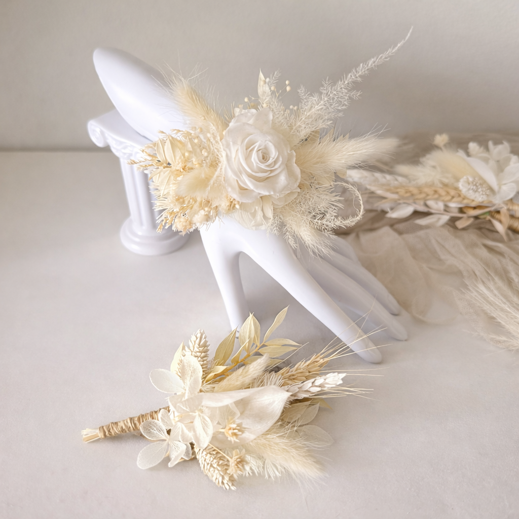 Wedding wrist corsage in ivory tones