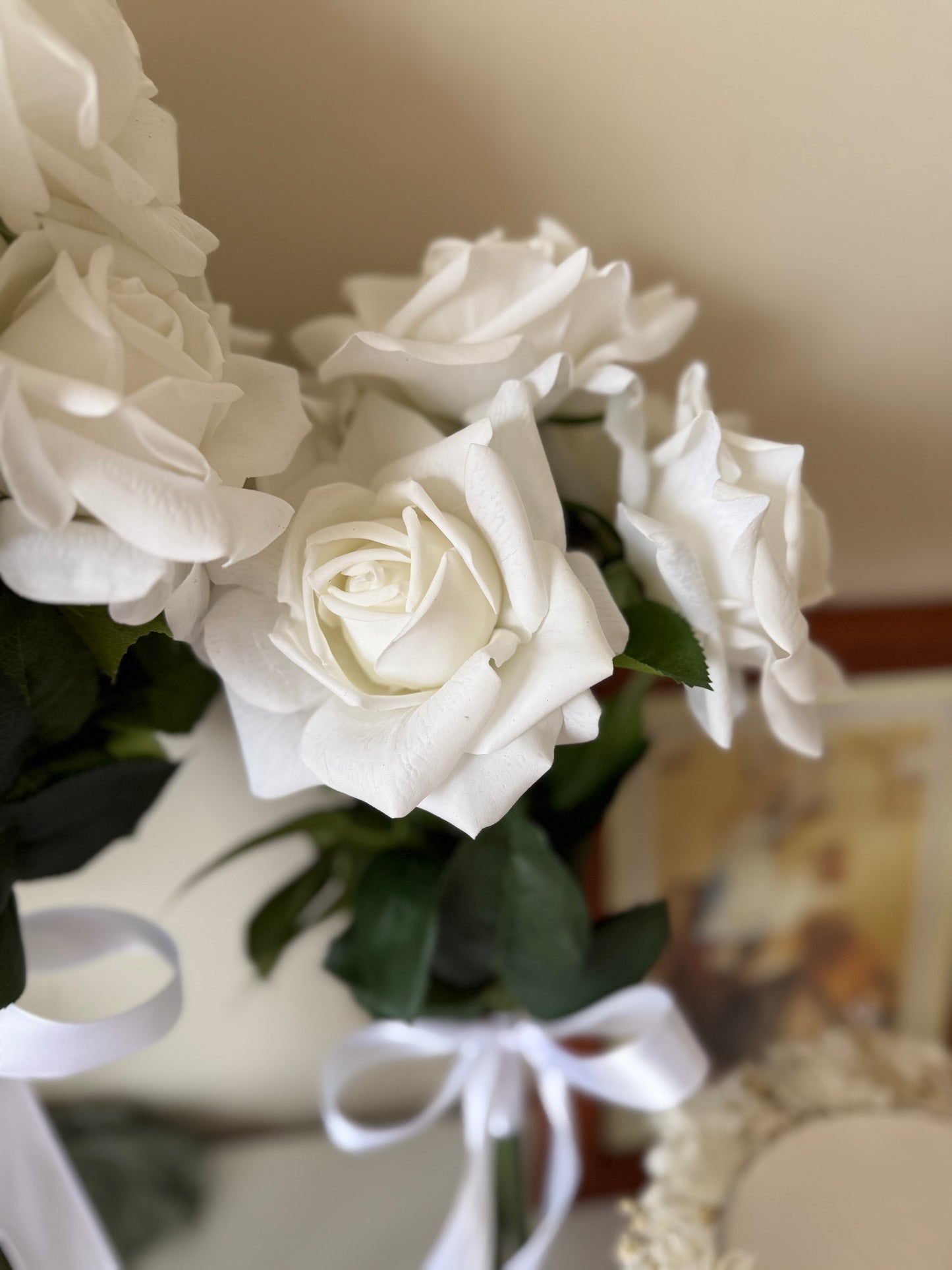 White Silk Rose Bridal Bouquet, Classic Modern Real-Touch Reflex Roses