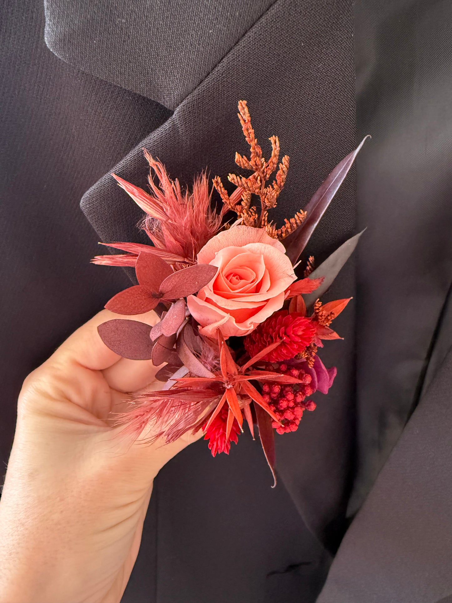 dried burgundy flower boutonniere handmade in Australia.