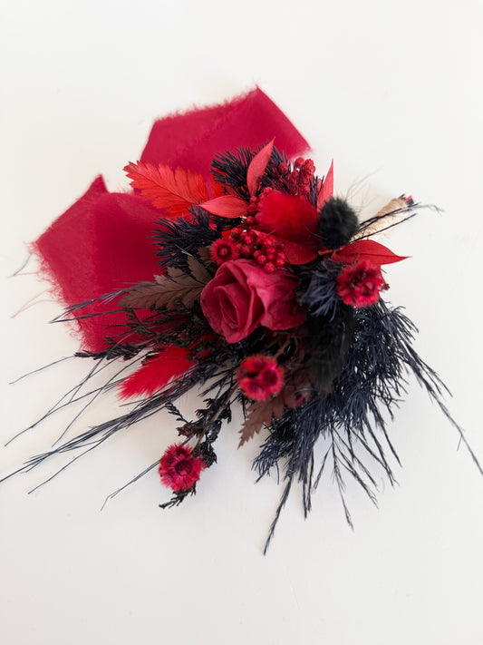 Groom’s boutonniere with burgundy dried rose and black accents, handmade alternative wedding accessory
