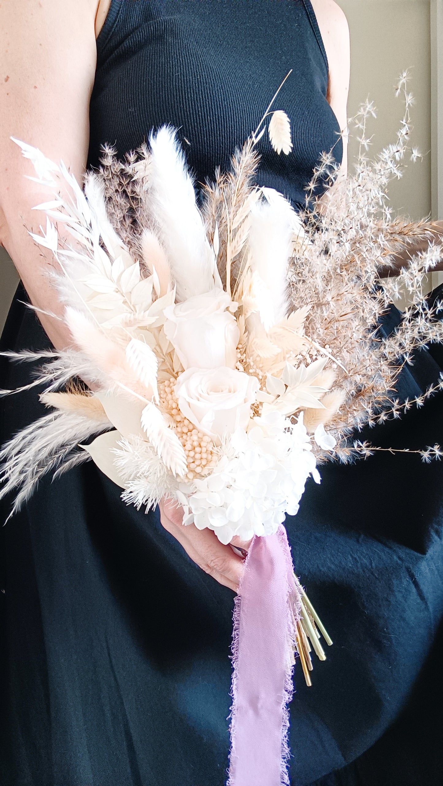 Boho bridal dried flower bouquet with pampas grass, bunny tails, ruscus and hydrangea. Ideal for weddings in Sydney, Melbourne, Brisbane, Perth, Adelaide, and Australia-wide delivery. Handmade in ivory tones, lightweight and romantic