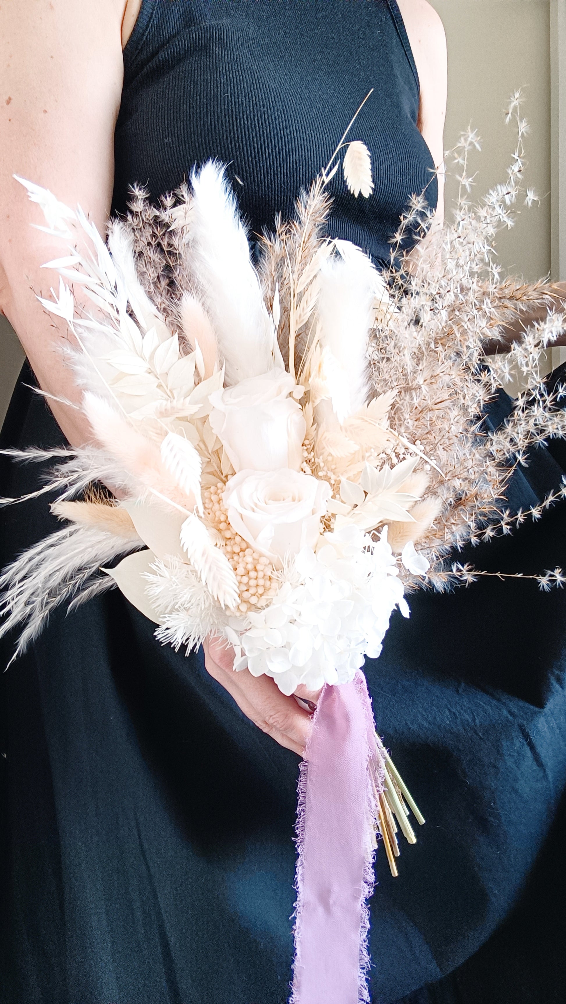 Boho bridal dried flower bouquet with pampas grass, bunny tails, ruscus and hydrangea. Ideal for weddings in Sydney, Melbourne, Brisbane, Perth, Adelaide, and Australia-wide delivery. Handmade in ivory tones, lightweight and romantic