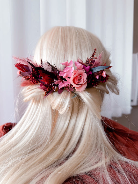 Bridal hair comb with preserved pink rose, burgundy dried flowers, and foliage – romantic wedding hair accessory handmade in Australia
