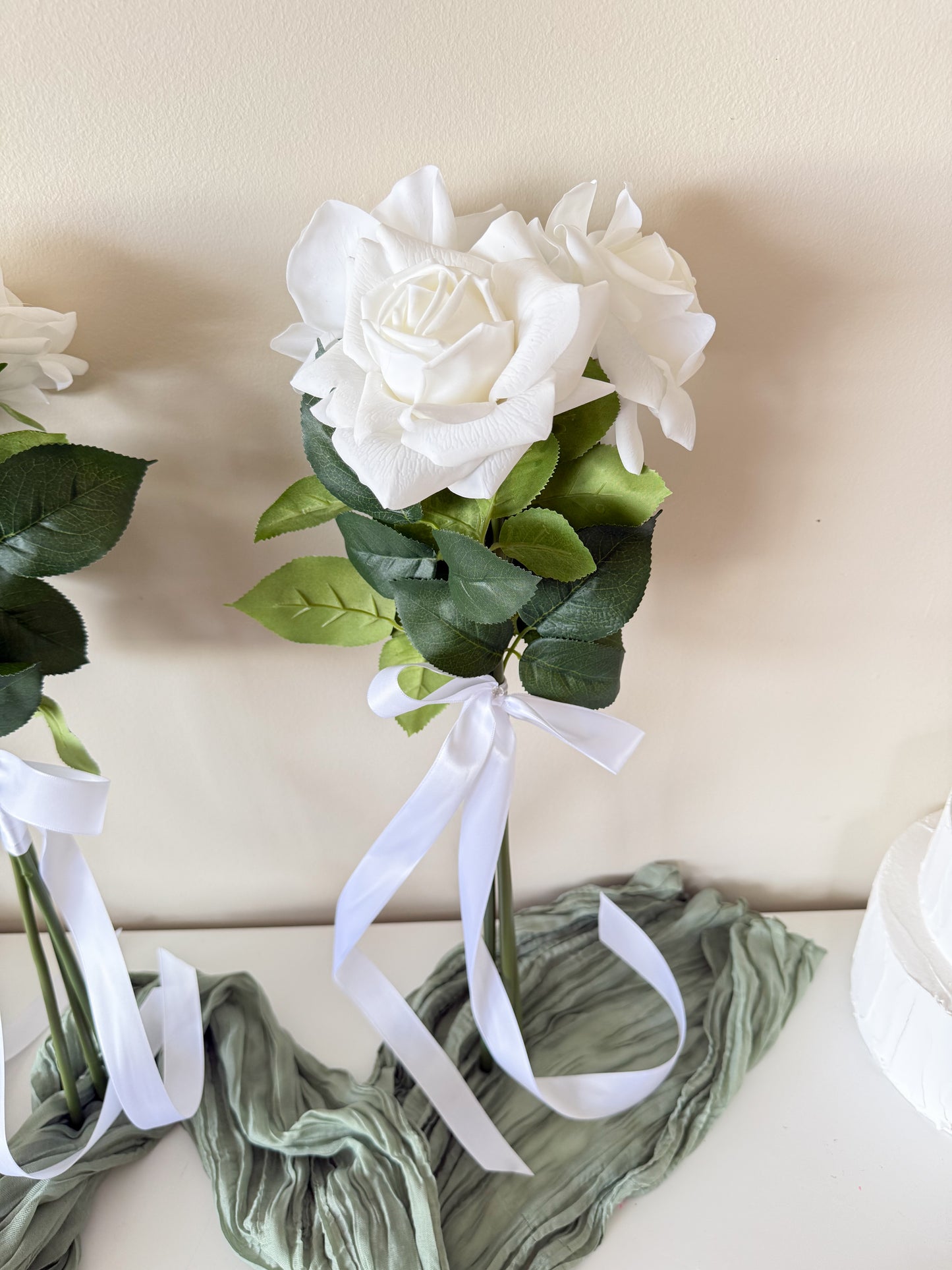 White Silk Rose Bridal Bouquet, Classic Modern Real-Touch Reflex Roses