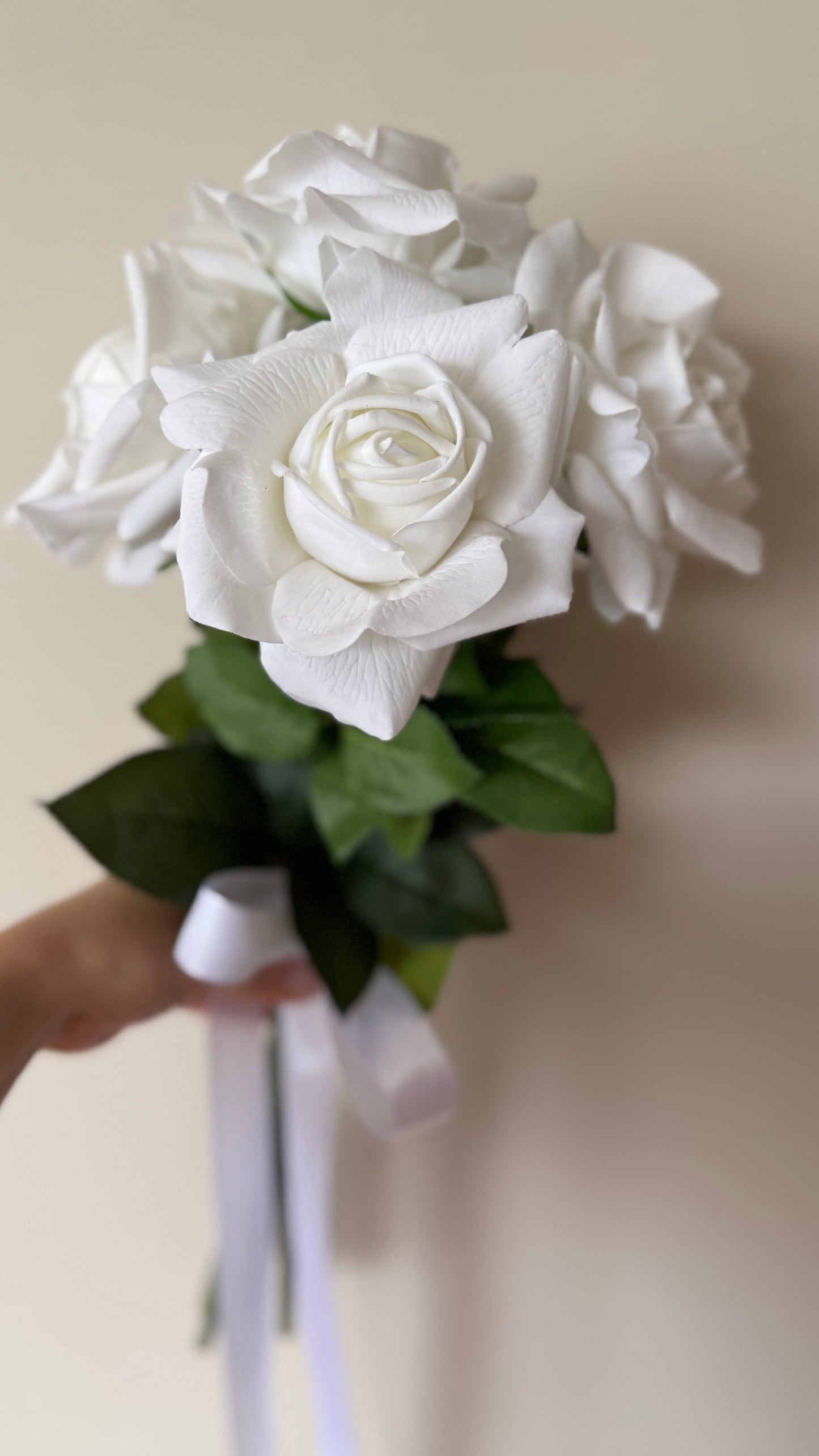 White Silk Rose Bridal Bouquet, Classic Modern Real-Touch Reflex Roses