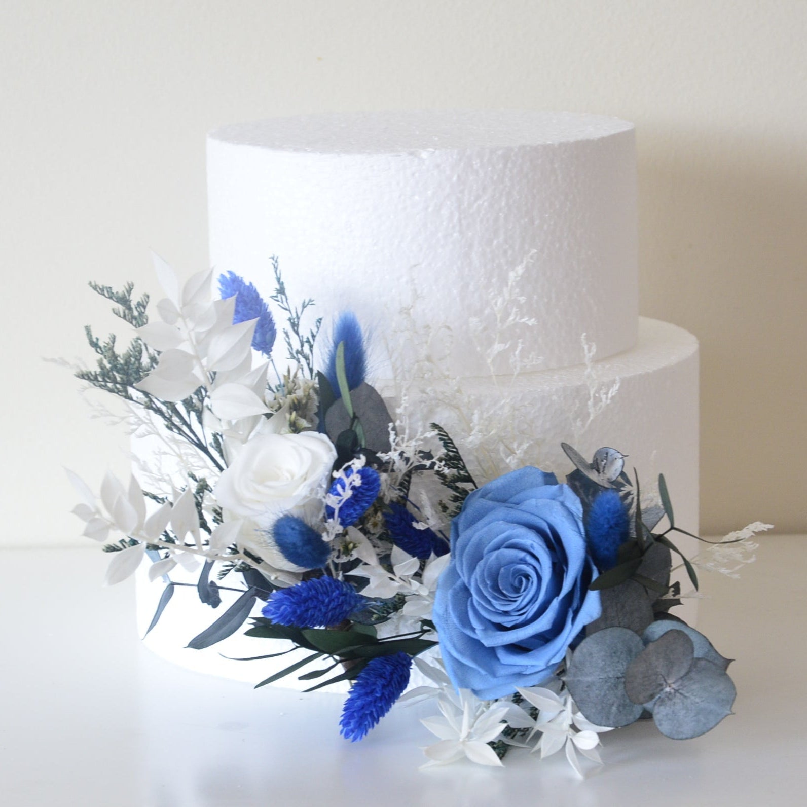 Floral cake topper with blue and white tones – handmade for rustic and coastal weddings in Australia