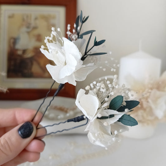 White flower hair pins with eucalyptus