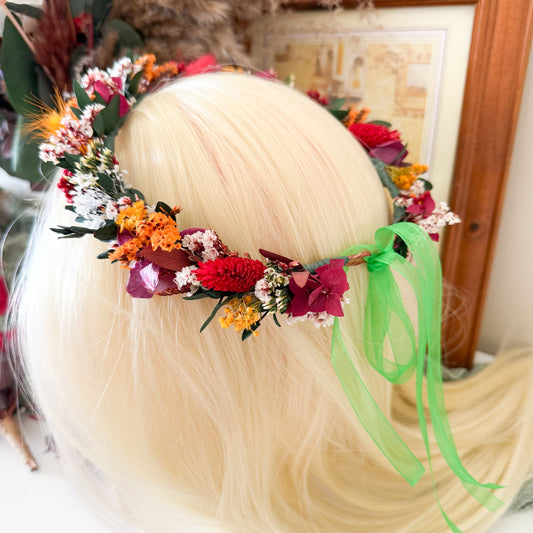 Handmade autumn flower crown featuring preserved flowers in warm shades