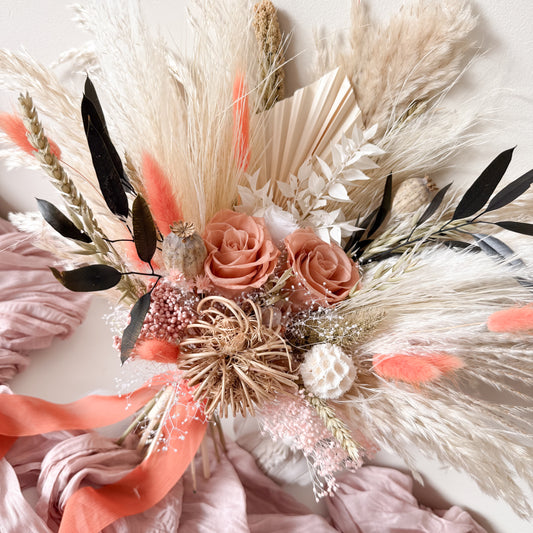 Boho Dried Bridal Bouquet - Peach Orange & Dark Olive Flower