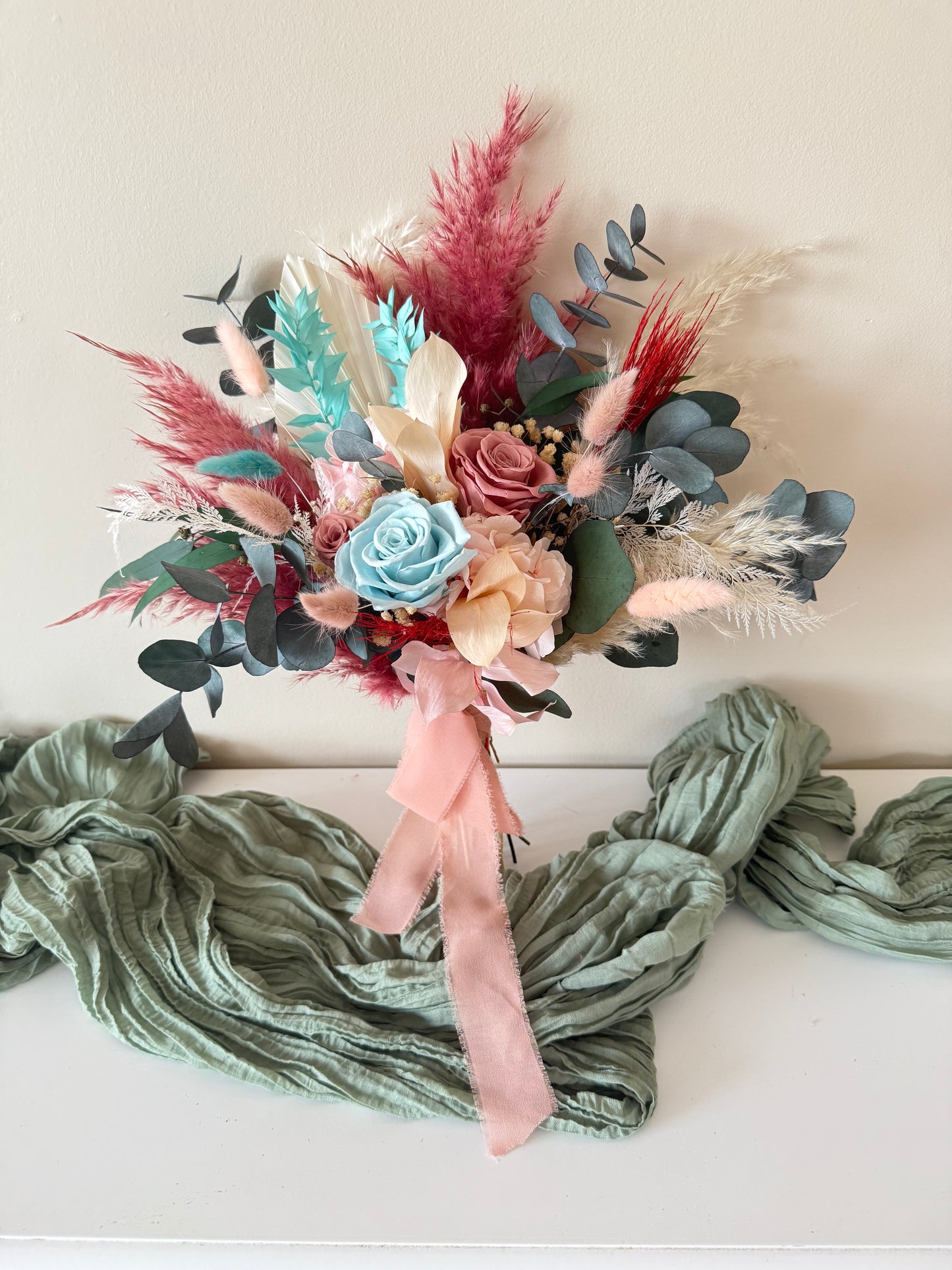 Boho Bridal Bouquet with  Seafoam Blush Pink Apricot Roses