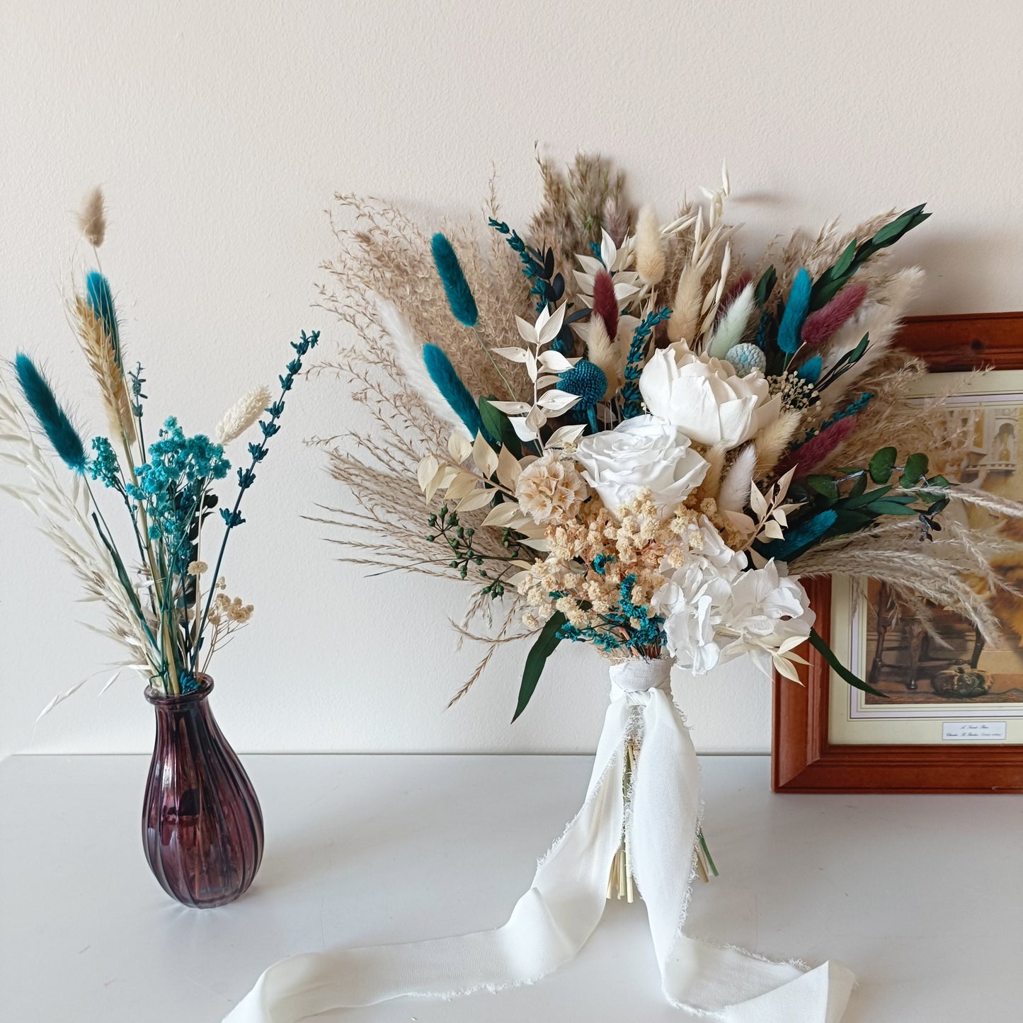 Teal and Aqua Boho Bridal Bouquet with Wildflowers