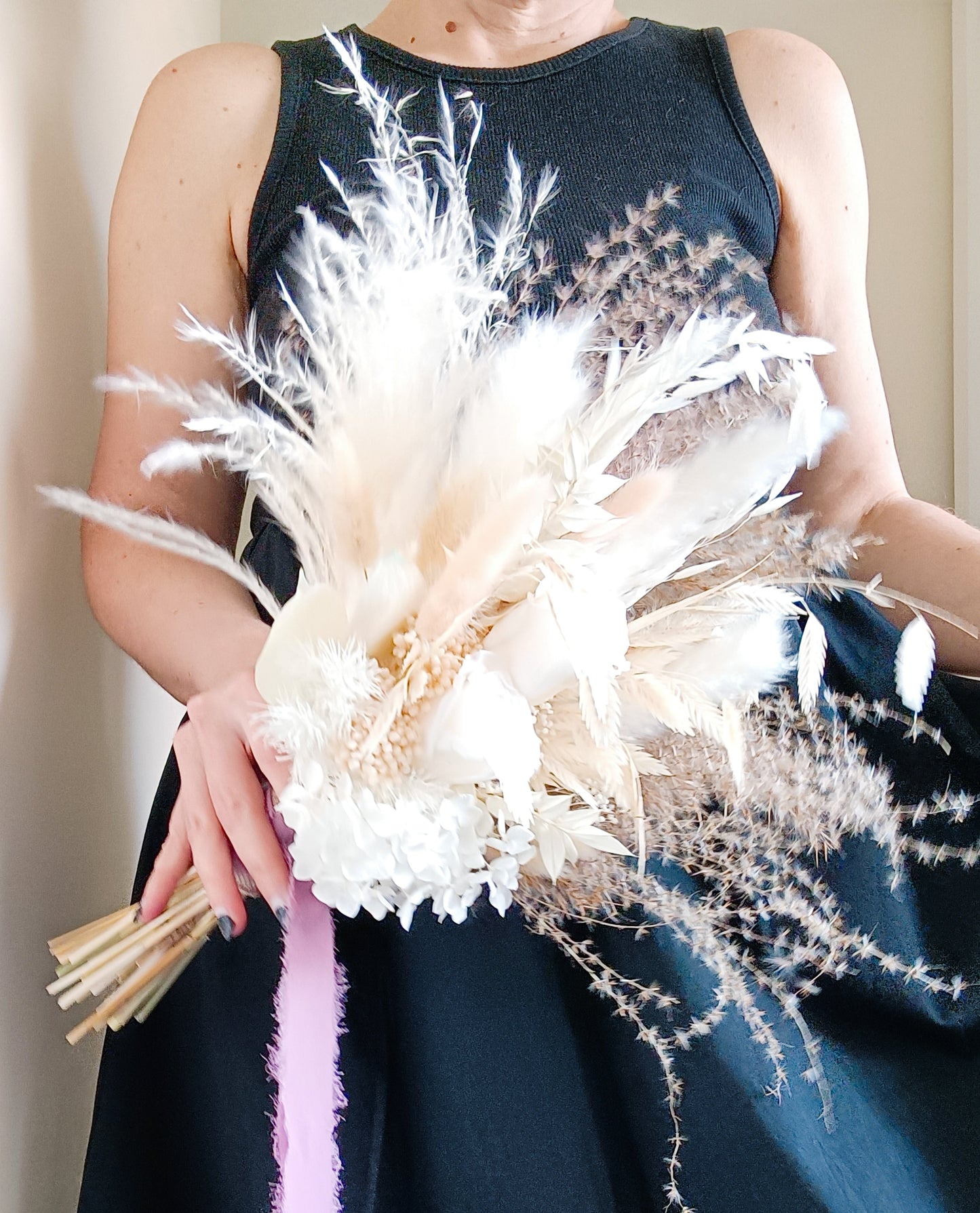 Boho bridal dried flower bouquet with pampas grass, bunny tails, hydrangea and preserved ruscus, ideal for weddings, elopements, and bridesmaids. Handmade, romantic and lightweight bouquet in soft ivory tones, perfect for rustic or boho wedding styling in Australia.