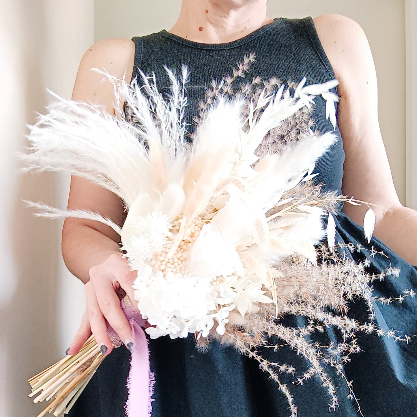 Boho bridal dried flower bouquet with pampas grass, bunny tails, hydrangea and preserved ruscus, ideal for weddings, elopements, and bridesmaids. Handmade, romantic and lightweight bouquet in soft ivory tones, perfect for rustic or boho wedding styling in Australia.