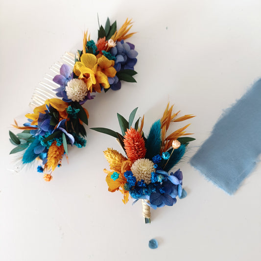 Set of wedding accessories with dried flowers, including boutonniere and combs with preserved blooms and textured foliage.