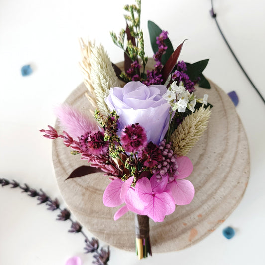 Lavender rose dried boutonniere with purple and plum preserved flowers for boho wedding
