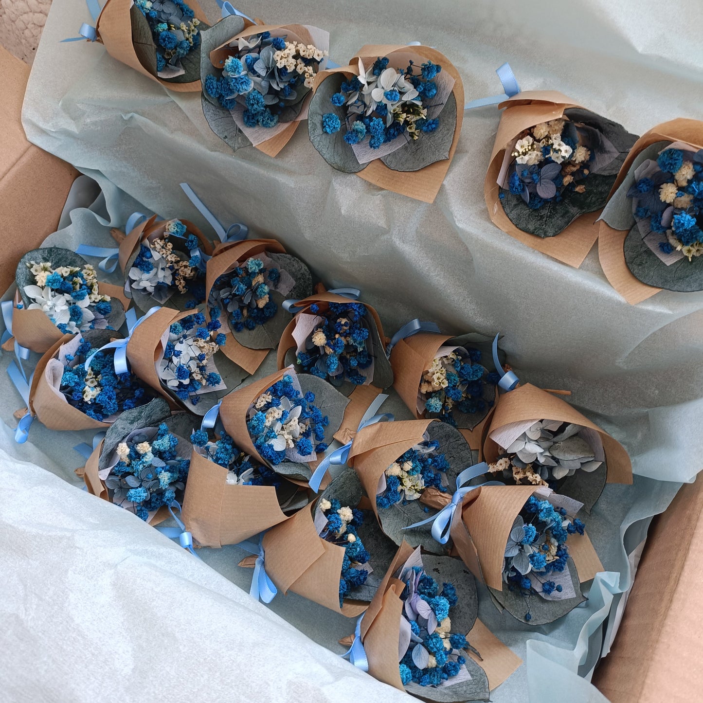 Mini blue dried flower bouquets for bulk gifting, ideal for corporate events, weddings, and client appreciation. Eco-friendly and handcrafted in Australia.