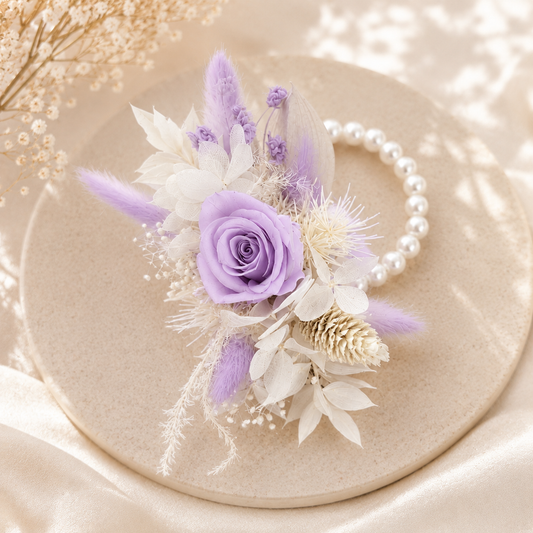 Dried white and lavender wedding wrist corsage