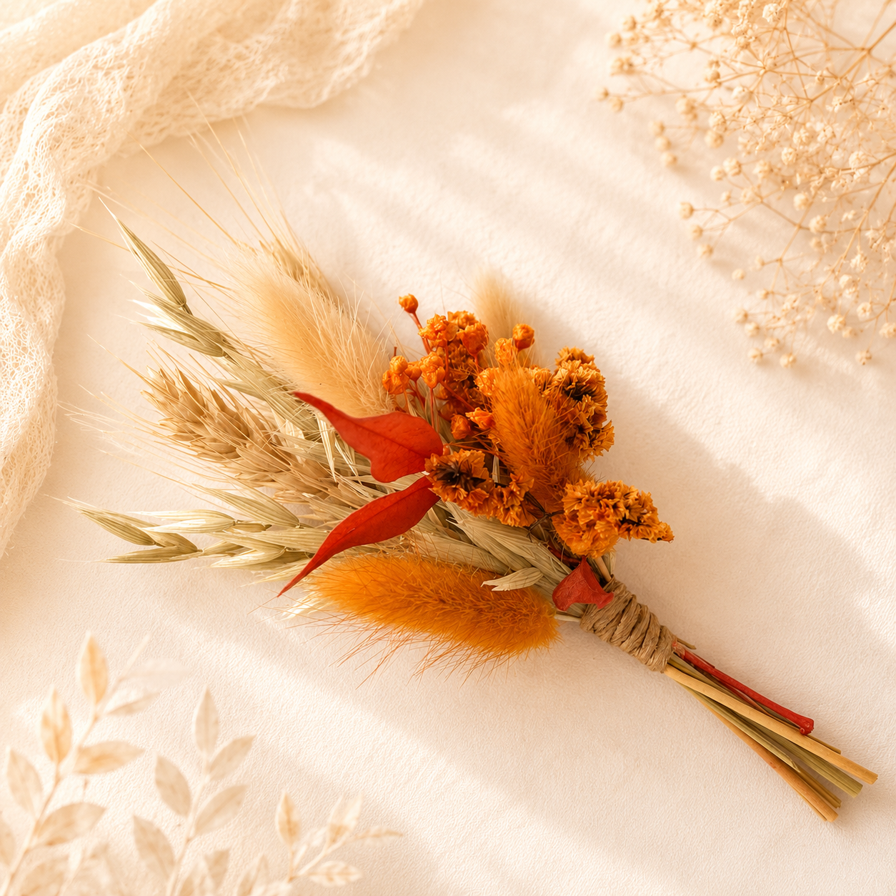 Rust and amber mini dried flower bouquet with preserved orange flowers, bunny tails, natural wheat and eucalyptus leaves for bridesmaid proposal boxes and autumn weddings.