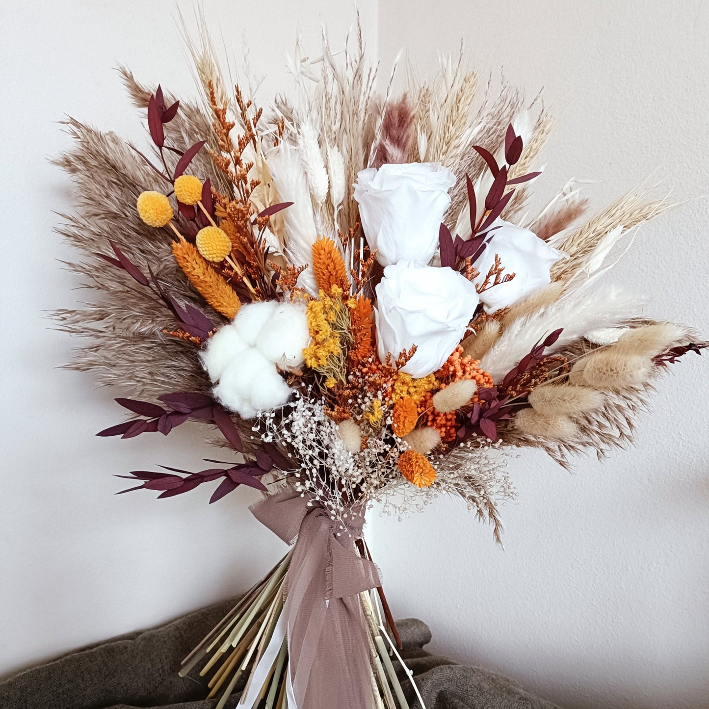 Rust Wedding Bouquet, Preserved roses bouquet, White and orange bouquet, wildflower bouquet, Bridesmaid flowers