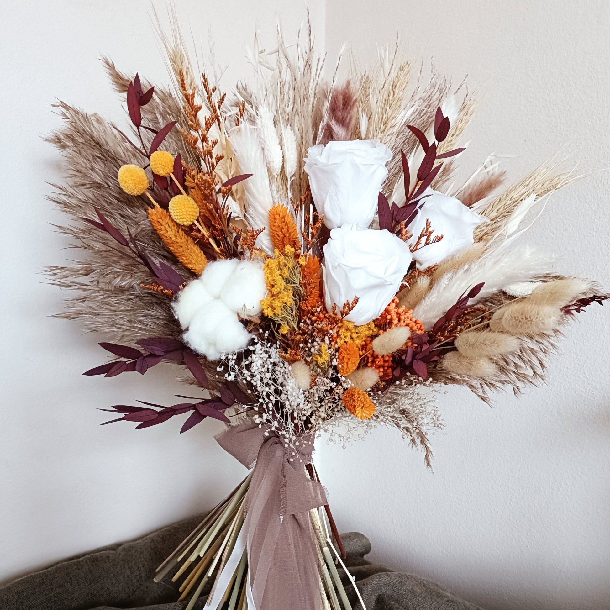 Rust Wedding Bouquet, Preserved roses bouquet, White and orange bouquet, wildflower bouquet, Bridesmaid flowers