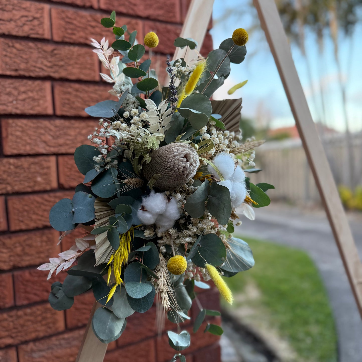 Wedding Arbour flowers with greenery and cotton and australian native