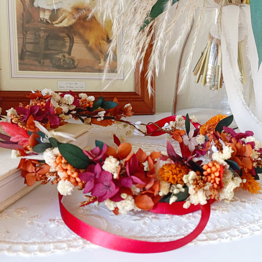 Handmade dried flower crown in burgundy, orange, ivory and green, rustic bridal hair accessory with ribbon tie