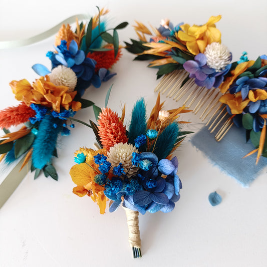 blue and teal boutonniere with corsage and comb