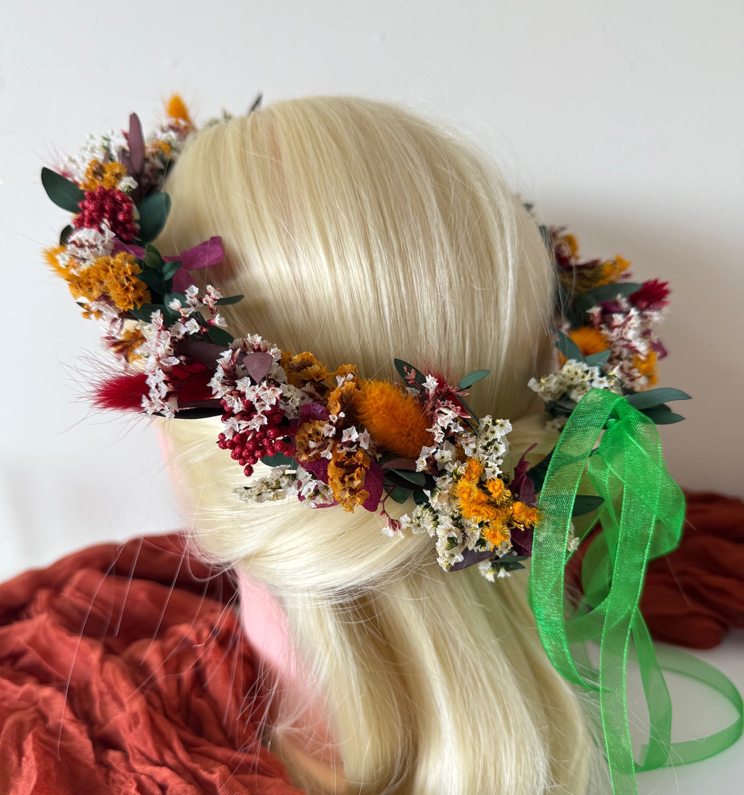 Bridal flower crown with dried florals in burgundy, yellow, orange, and purple shades — bohemian wedding hairpiece for brides or bridesmaids.