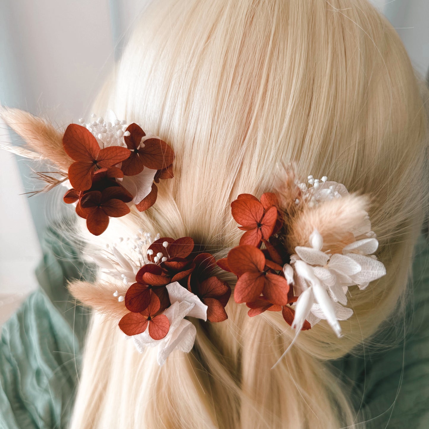wedding hair pins with rust and white flowers, handmade bridal hair accessory set
