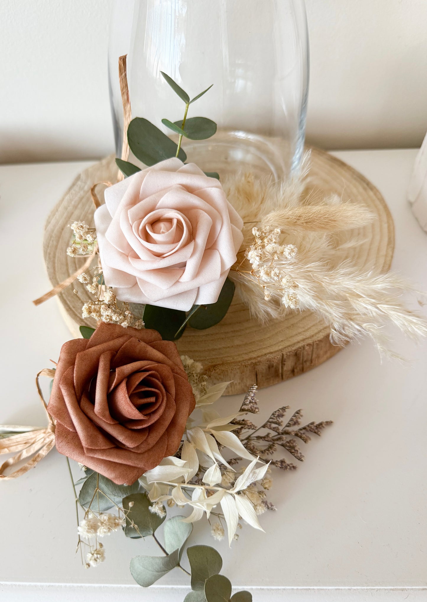Rustic corsage with brown rose and dried flowers, handmade for weddings and formal events in Australia. Elegant boho floral accessory.