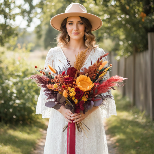 Bride holding a burgundy dried bridal bouquet with sunflower and roses, boho wedding style, Australia