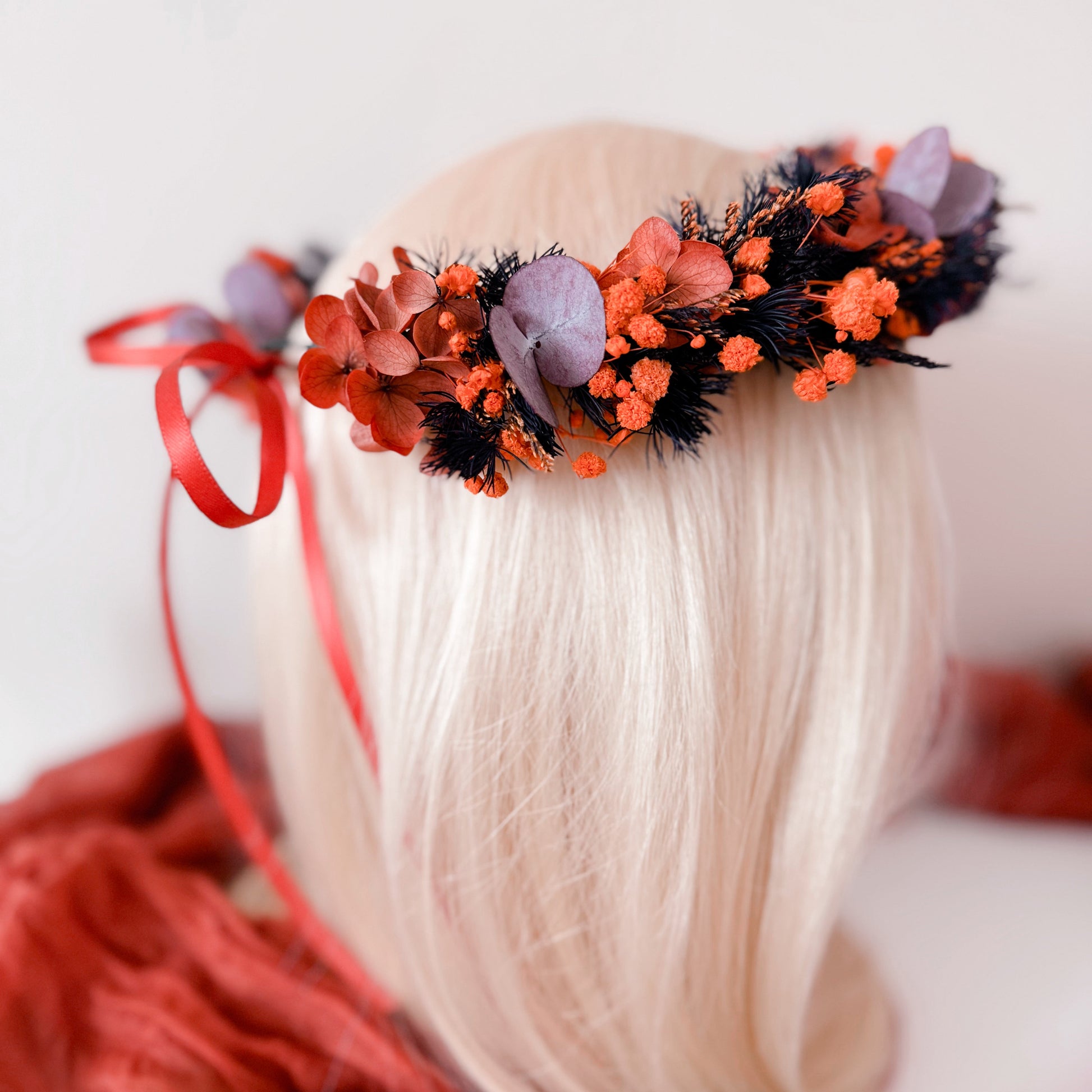 Burnt orange and plum dried flower crown with red ribbon – boho bridal headpiece handmade in Australia.