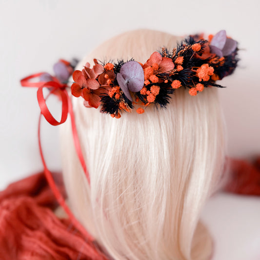 Burnt orange and plum dried flower crown with red ribbon – boho bridal headpiece handmade in Australia.