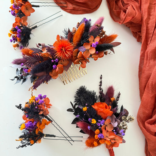 Side view of burnt orange and purple dried flower crown handmade in Australia — bohemian bridal accessory for rustic weddings