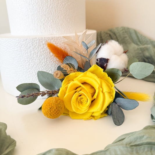 Handmade wedding cake floral decorations in yellow and natural green tones, arranged with yellow sola roses, billy buttons and eucalyptus.