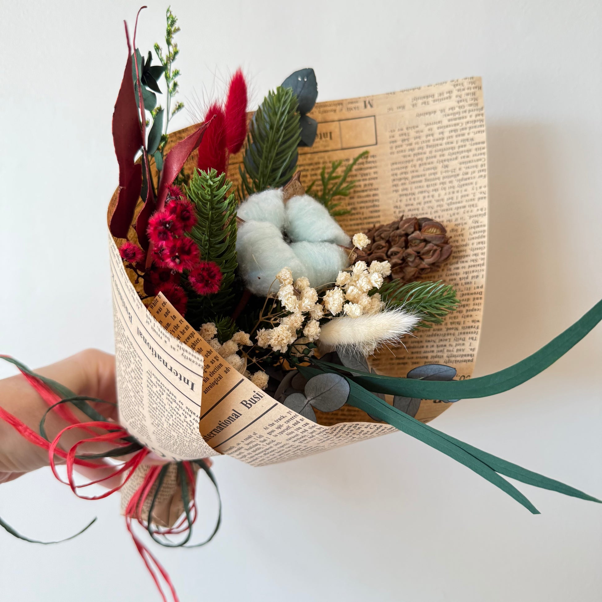 Mini dried flower bouquet for Christmas — cotton, baby’s breath, pine, eucalyptus, handmade by Sydney florist.
