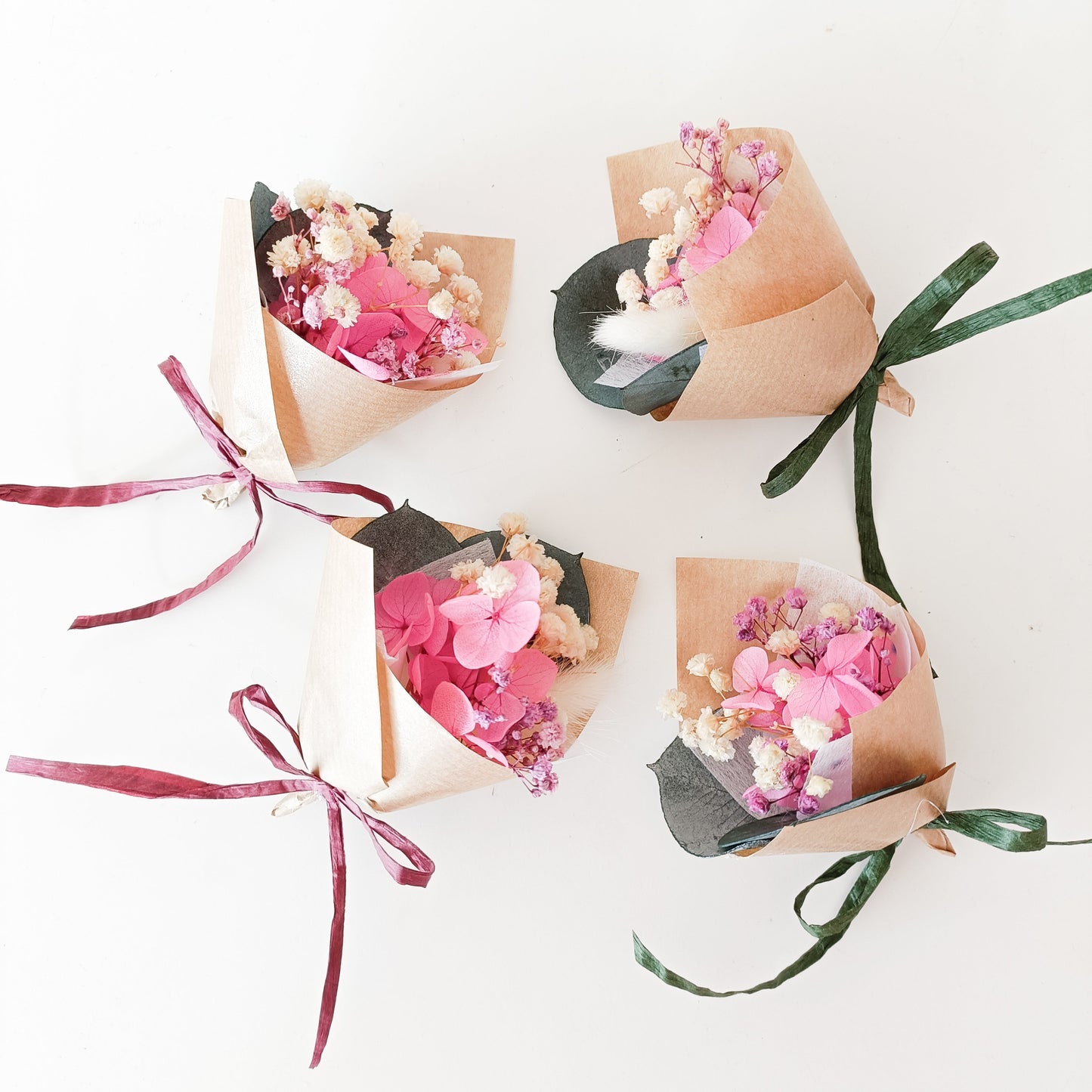 Set of mini dried flower bouquets in pink and ivory hues, Australian handmade gifts for weddings.