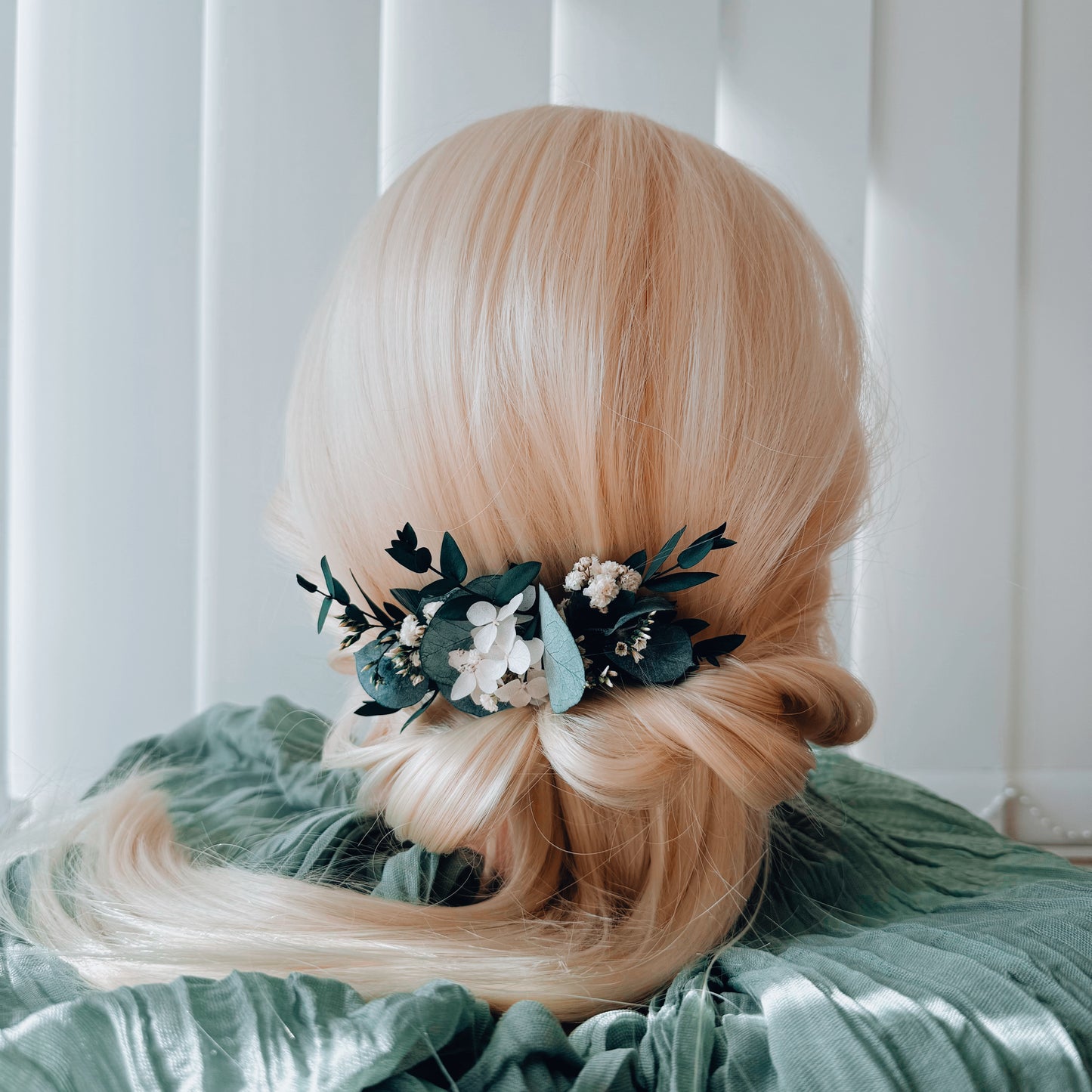 Green and white dried flower bridal hairpiece, handmade boho wedding accessory. Elegant headpiece for brides or bridesmaids in Australia
