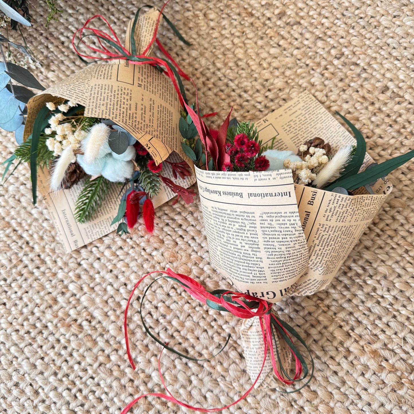 Australian handmade Xmas mini bouquet with red accents, pine branch, eucalyptus leaves, and cotton flowers
