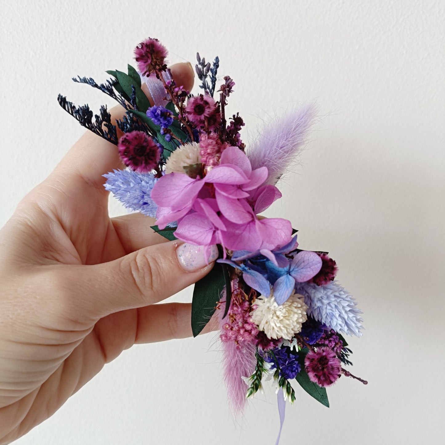 Handmade wedding corsage in lavender, burgundy and blush tones with preserved florals