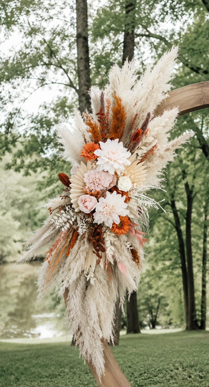 Pampas and terracotta floral arrangement displayed on wedding arch