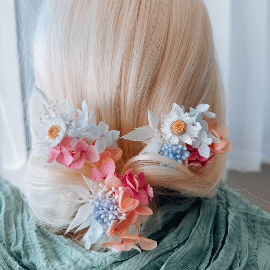 Pastel bridal hair pins with peach, pink and blue flowers, boho wedding hair accessories for bride