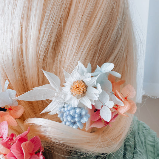 wedding hairpin with peach, pink and blue flowers, delicate bridal hair accessory