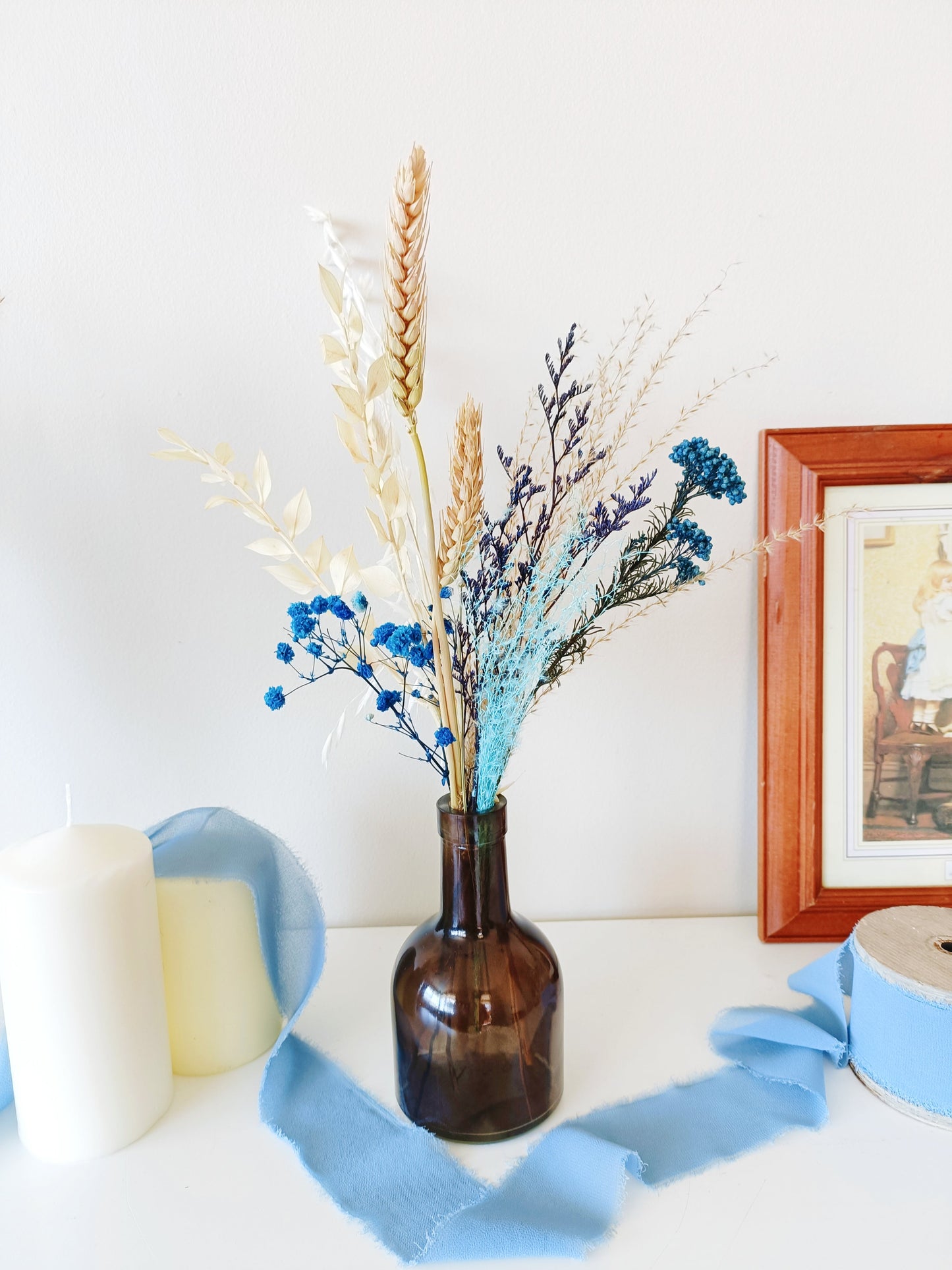 Dried Small Teal & Orange Table Decor , Boho Rustic Wedding Flowers