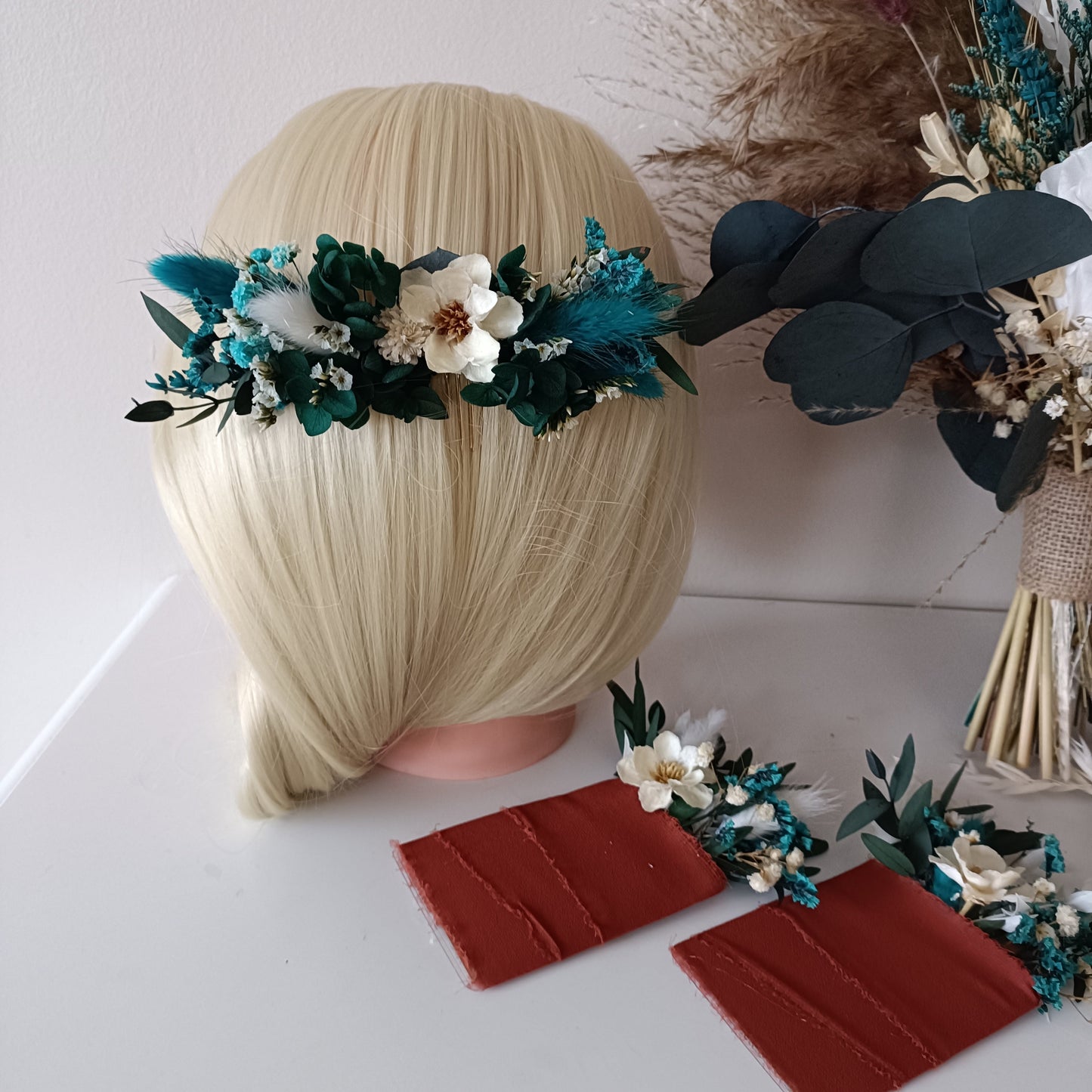 Teal and Aqua Boho Bridal Bouquet with Sola Peony and Rose